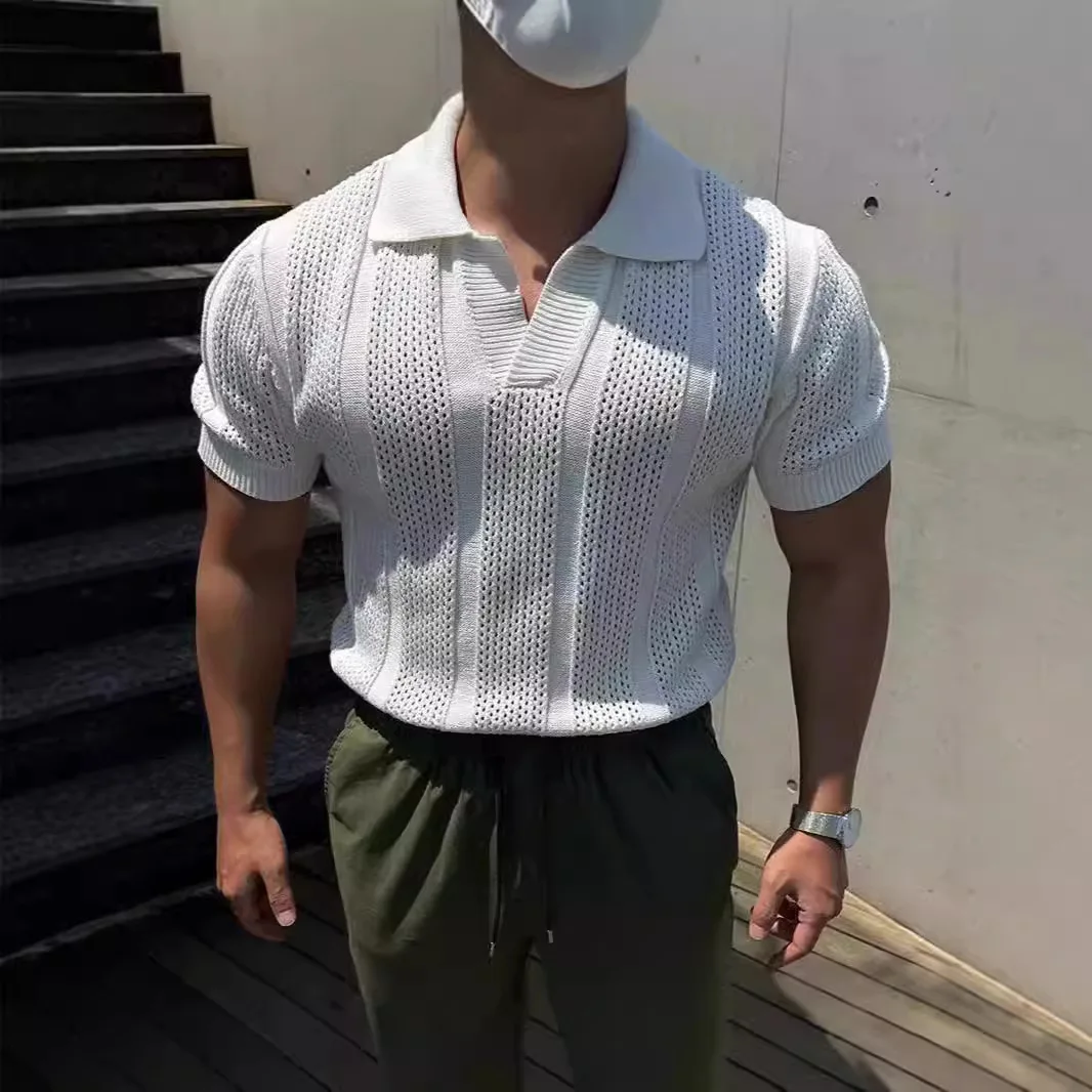 베이스 레이어 남성용 통기성 홀로우 아웃 셔츠 2026 봄 여름 실크 코튼 아이스 실크 메쉬 커프드 슬리브 니트 티셔츠