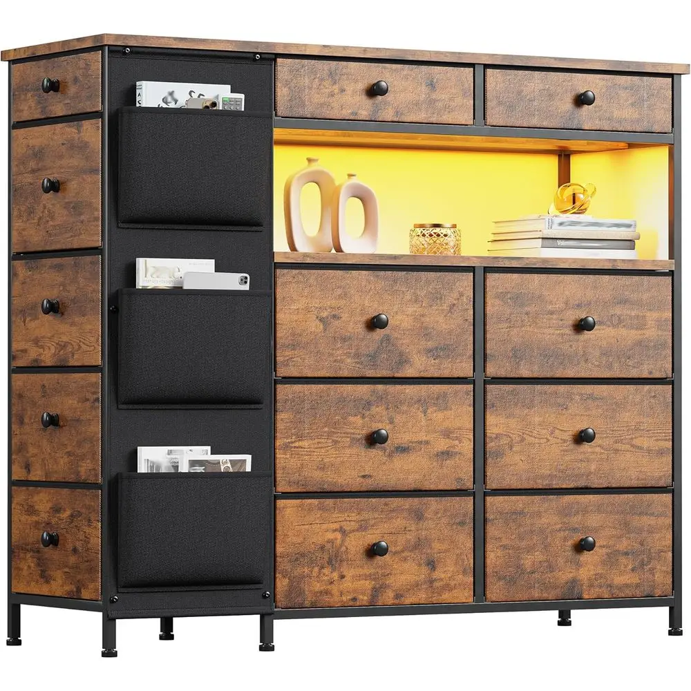 

13-Drawer Bedroom Set with LED Lights, 3-Side Chests, Cupboard Island, Fabric Drawers, Living Room & Entryway Furniture