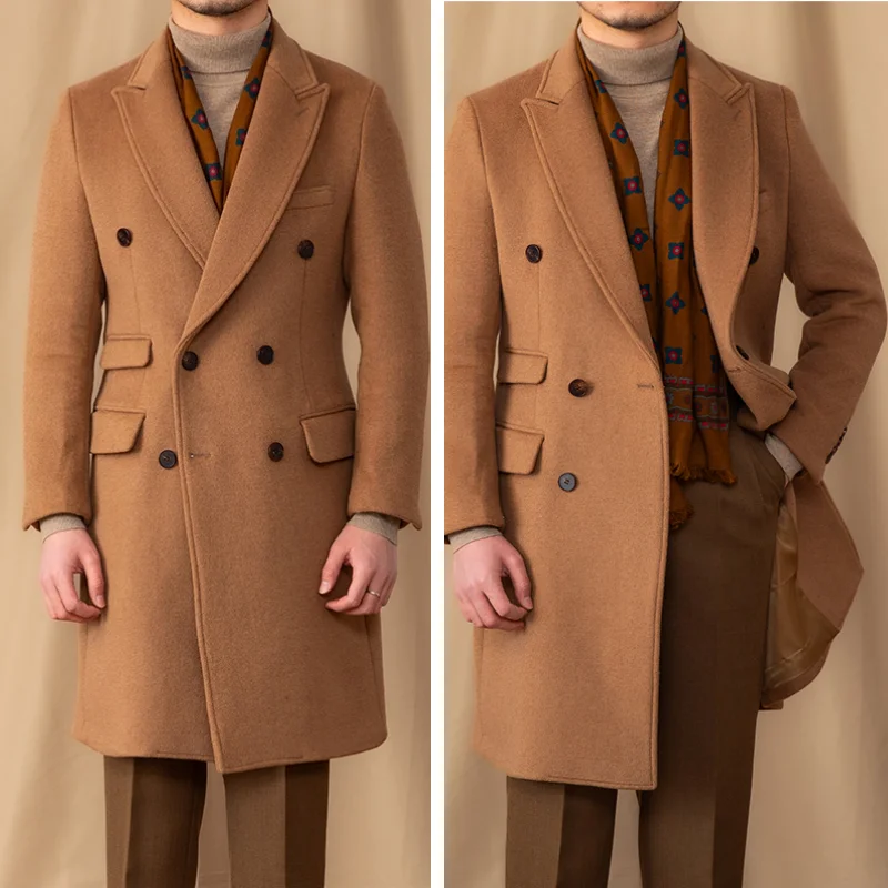 メンズ トレンド ダブルブレスト ウール混紡コート ブラック/ブラウン カスタム ミドル丈 スリムフィット 冬用 暖かい フォーマル ビジネス カジュアル オーバーコート