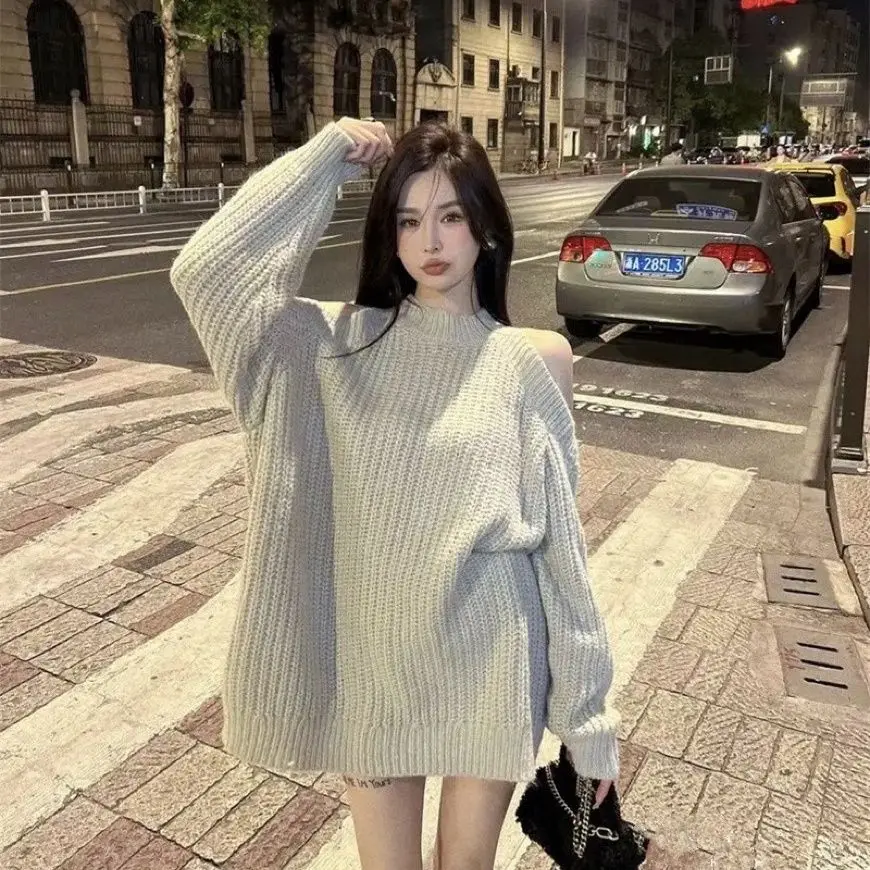 Korean Style Off-Shoulder Knitted Sweater Women Autumn Winter New Comfortable Lazy Style Mid-Length Long-Sleeved Pullover Top