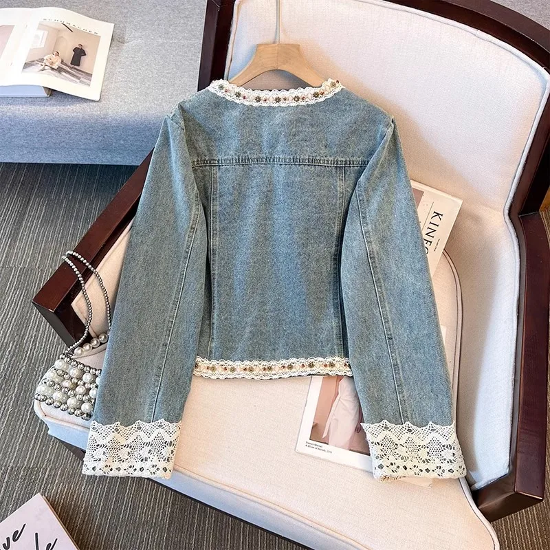 Spring Autumn Women Short Denim Cardigan Jacket Round Neck Long Sleeve Lace Patchwork Jeans Jacket Coat Loose Casual Streetwear