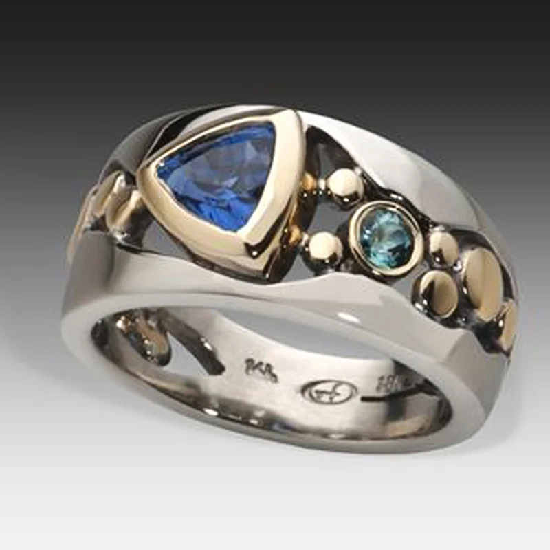 elegant women silver and gold color fashion ring Hollow Out Inlaid blue stone engagement rings for women wedding jewelry