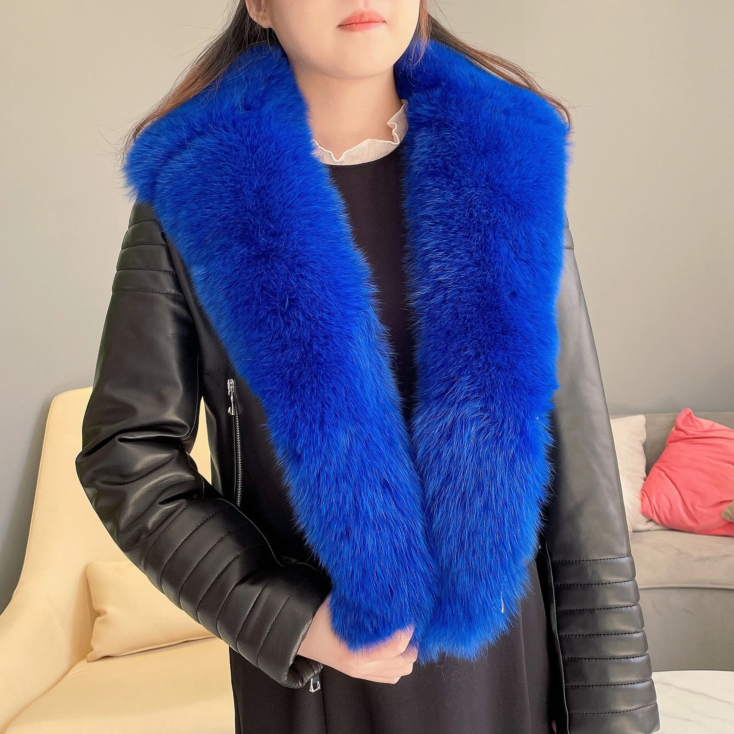 Janefur Leather Jacket Big Fur Collar Women 2022 Slim Fashion Luxury Real Fox Fur Sheepskin Coat Streetwear Female Outerwear