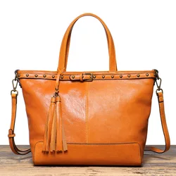 Rivet Tassel Women's Bag Genuine Leather Shoulder Crossbody Cowhide Large Capacity Bucket Bag