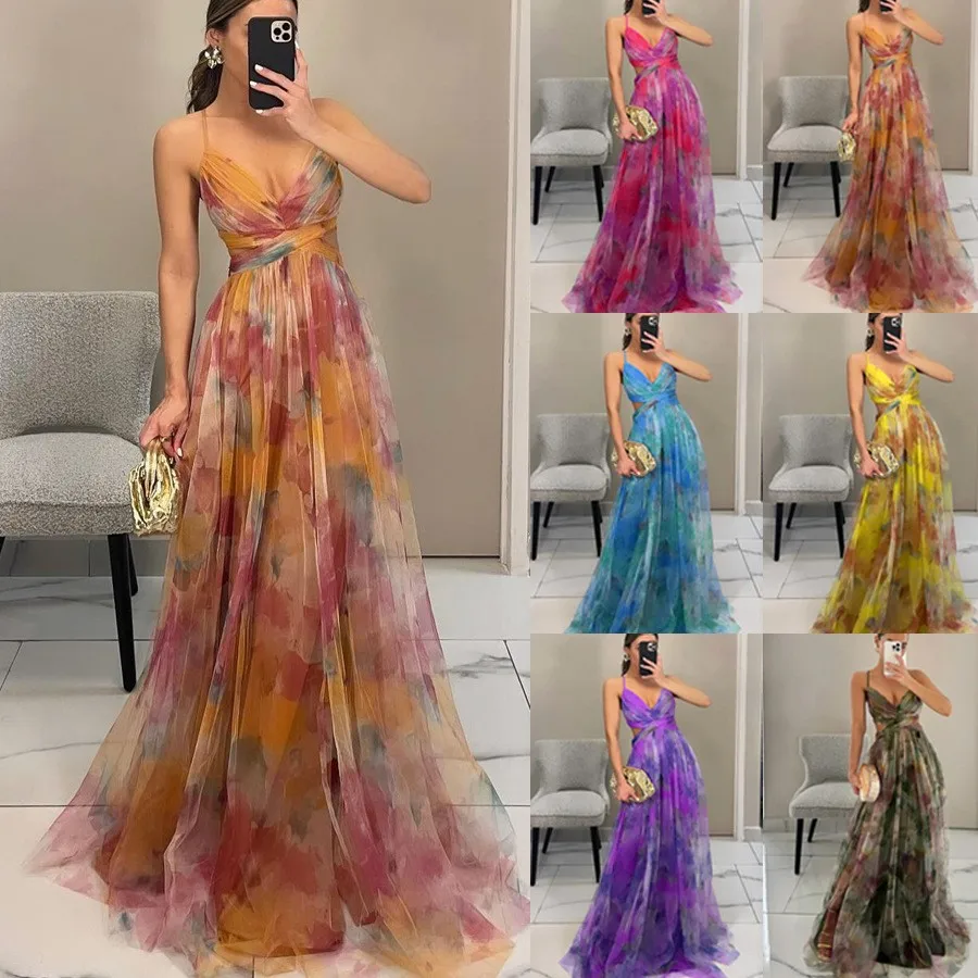 Beachwear Dress Spaghetti Strap Dresses Abstract Print Maxi Dress Sheer Mesh Slip Dress Wrap Top A Line Skirt