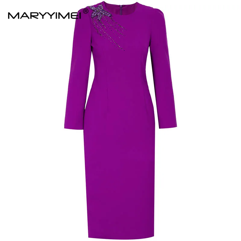 

MARYYIMEI Purple Spring Fashion Women's dress Beaded Long dress Slim Package hip Commuter Elegant Dresses