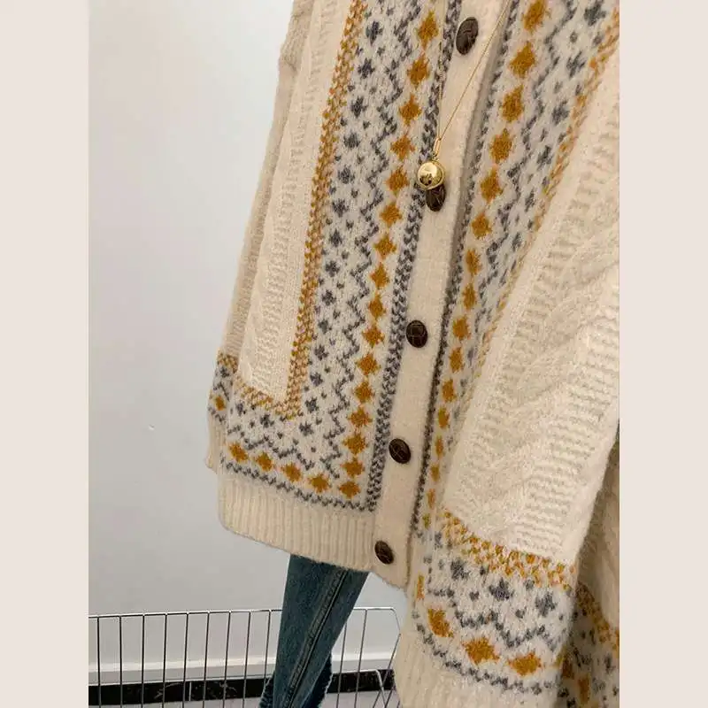 Ning Bangzhu Fair Isle Round Neck Temperament Knitted Cardigan Sweater Jacket Wide Loose Soft Waxy Lazy Style Top Thickened