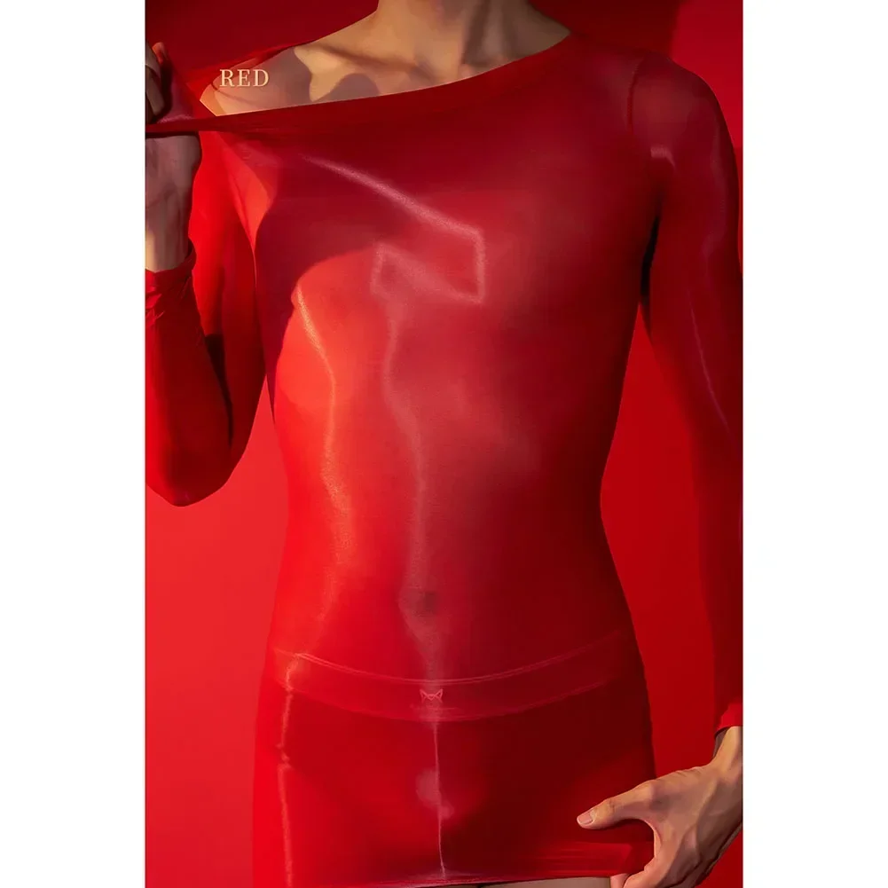 

Sexy Lingerie Men Women Oil Long-Sleeve Tight Oily See-Through Swimsuit Top Silky Smooth High Elastic Erotic Men's Bodysuits