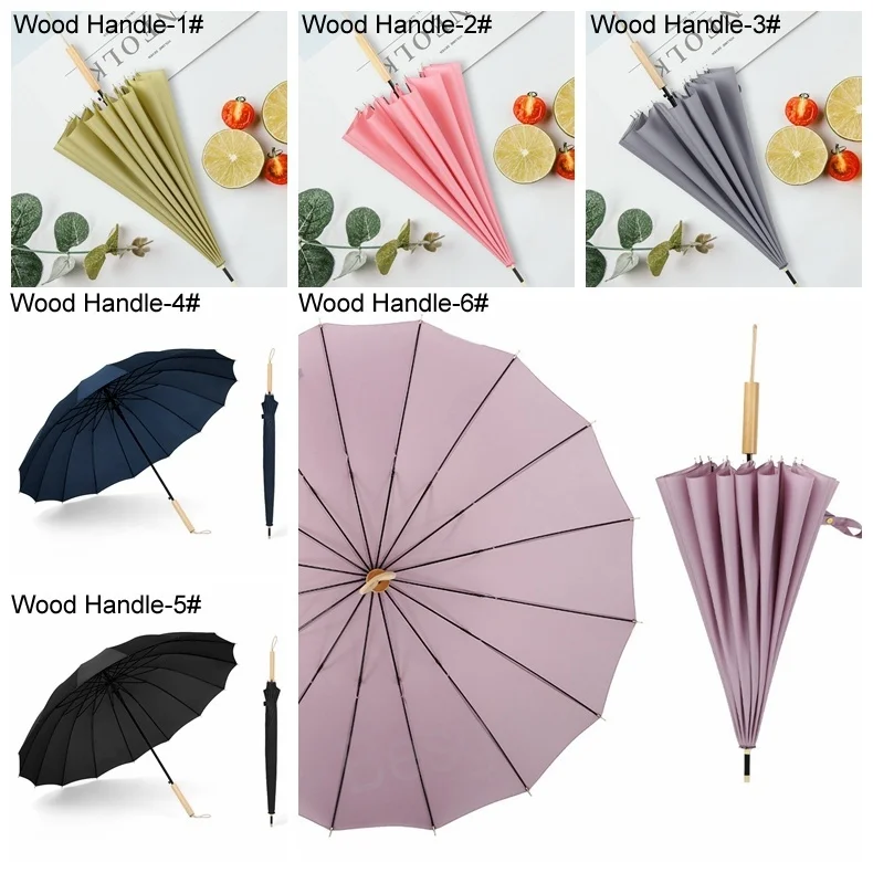 

16K Wood Handle Solid Color Umbrellas 24K Double People Semi-automatic Sunny Umbrella Waterproof Rainy Large Strong Umbrella