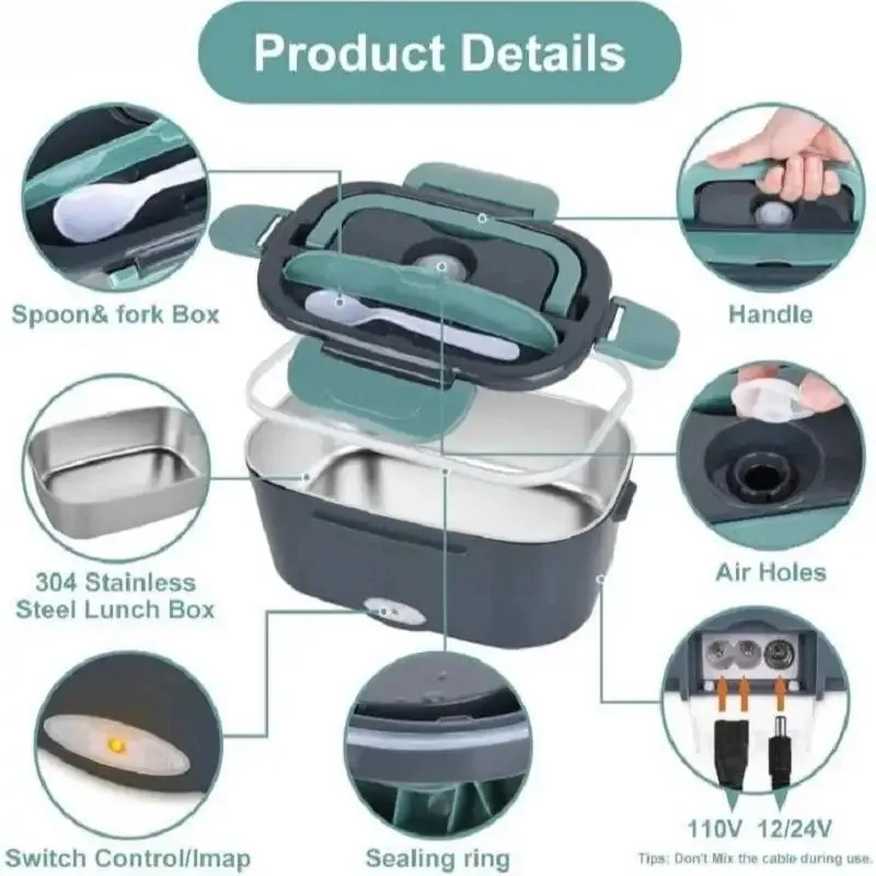 1.5 L 60W Electric Lunch Box Food Warmer Portable Food Heater for Car Or Home - Leak Proof 304 Stainless Steel Liner