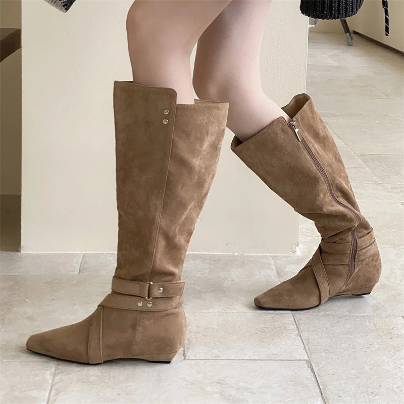 Eilyken, botas hasta la rodilla con remaches de banda estrecha y diseño Punk de invierno, botines largos de tacón bajo para mujer, zapatos femeninos con cremallera