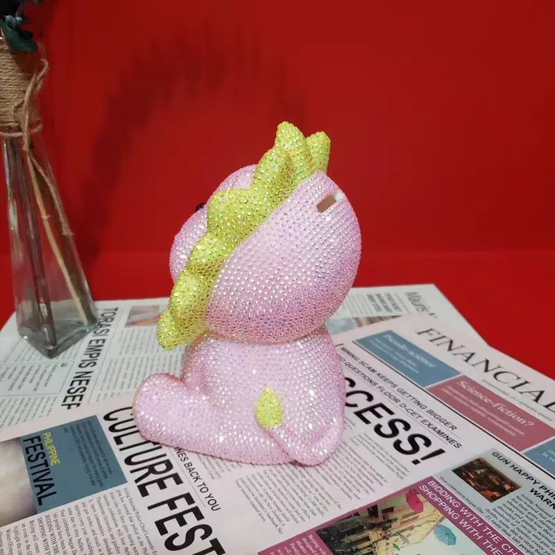 DIY Rhinestone Pink Lion Coin Depost Jar Kids Animal Piggy Bank Mosaic Embroidery Cross Stitch Handmade Shiny Birthday Gift