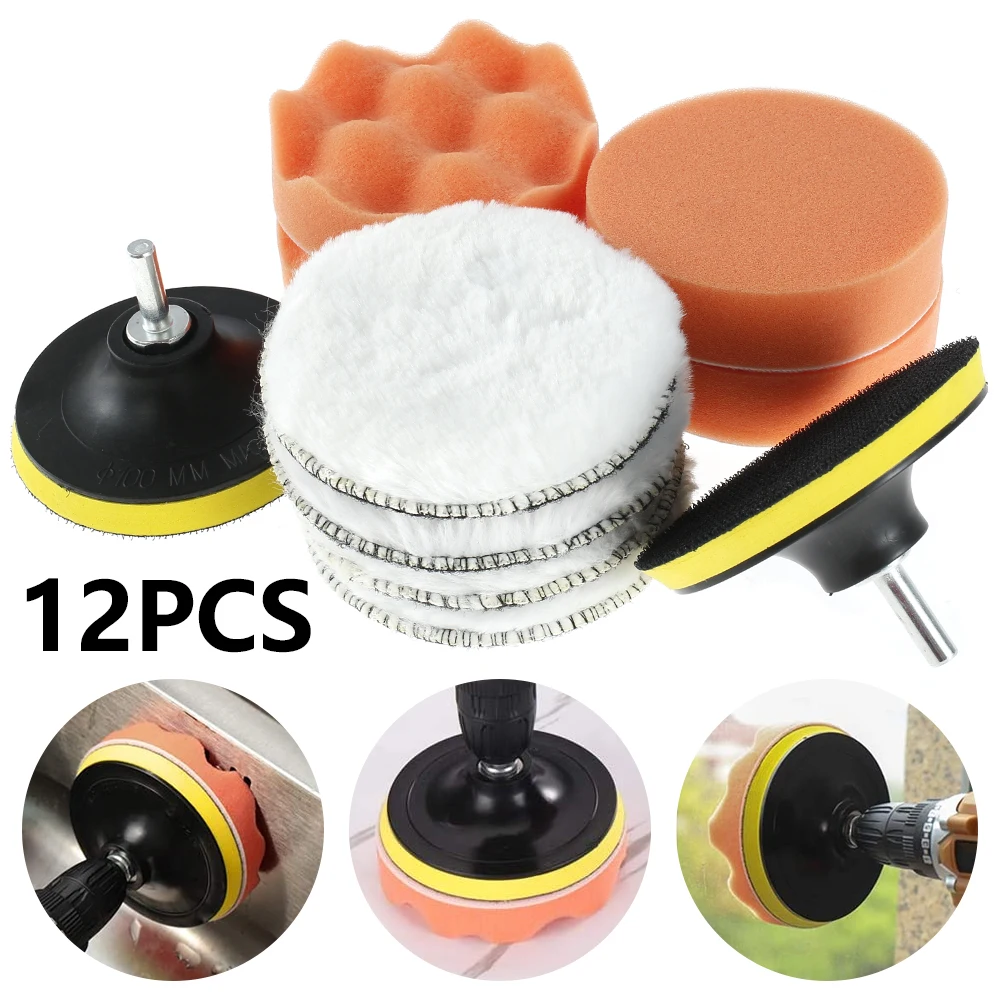 12pcs 4 Inch Polishing Pads Set Sponge and Woolen Polishing Waxing Buffing Pads Kit with M10 Drill Adapter Car Foam Polisher