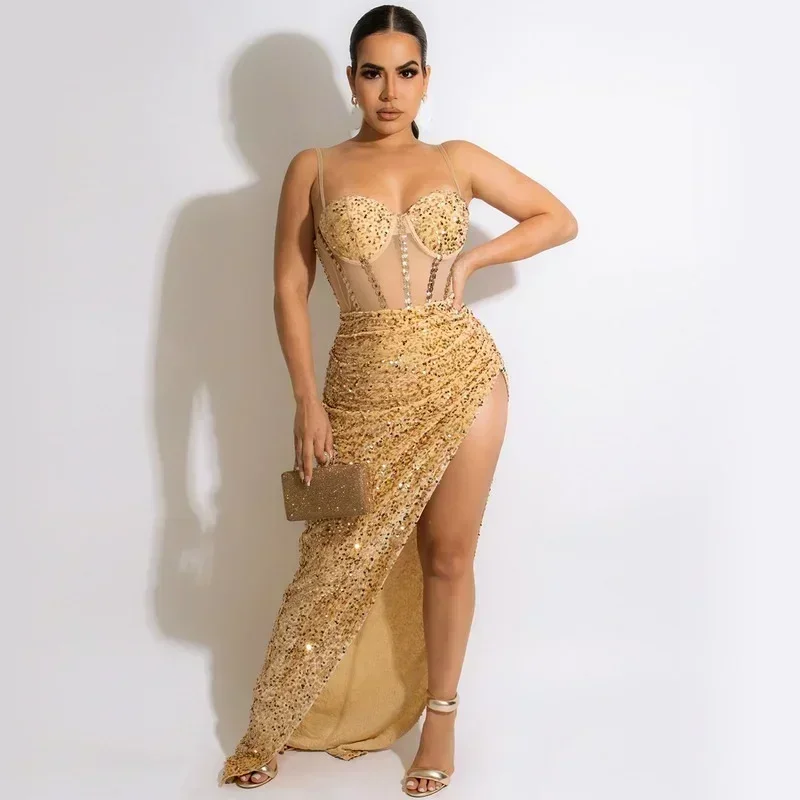 Guwu pura malha retalhos lantejoulas maxi vestido feminino alças de espaguete alta divisão bodycon longo festa robe noite clubwear vestidos