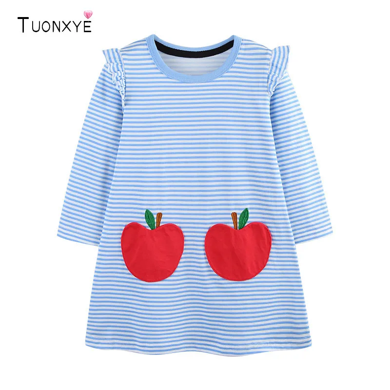 TUONXYE Toddler Baby Girls Cotton Long Sleeve Dress Striped Apple Pocket A-line Dresses Ruffle Shoulder Kids Casual Outfit