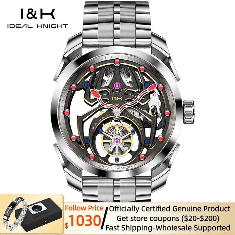 

Ideal Knight Automatic Mechanical Watch for Men Hollow out Spider Design Flywheel Movement Sapphire Mirror Men's Watches