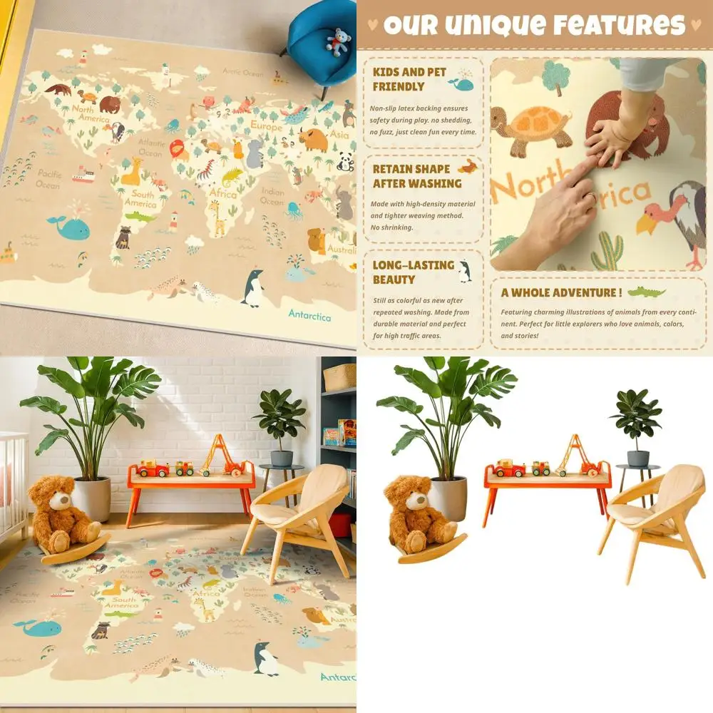 

Educational Animal World Map Play Mat - 5x8 Washable, Non-Slip, Stain-Resistant Rug for Kids' Room, Nursery, or Classroom - Beig