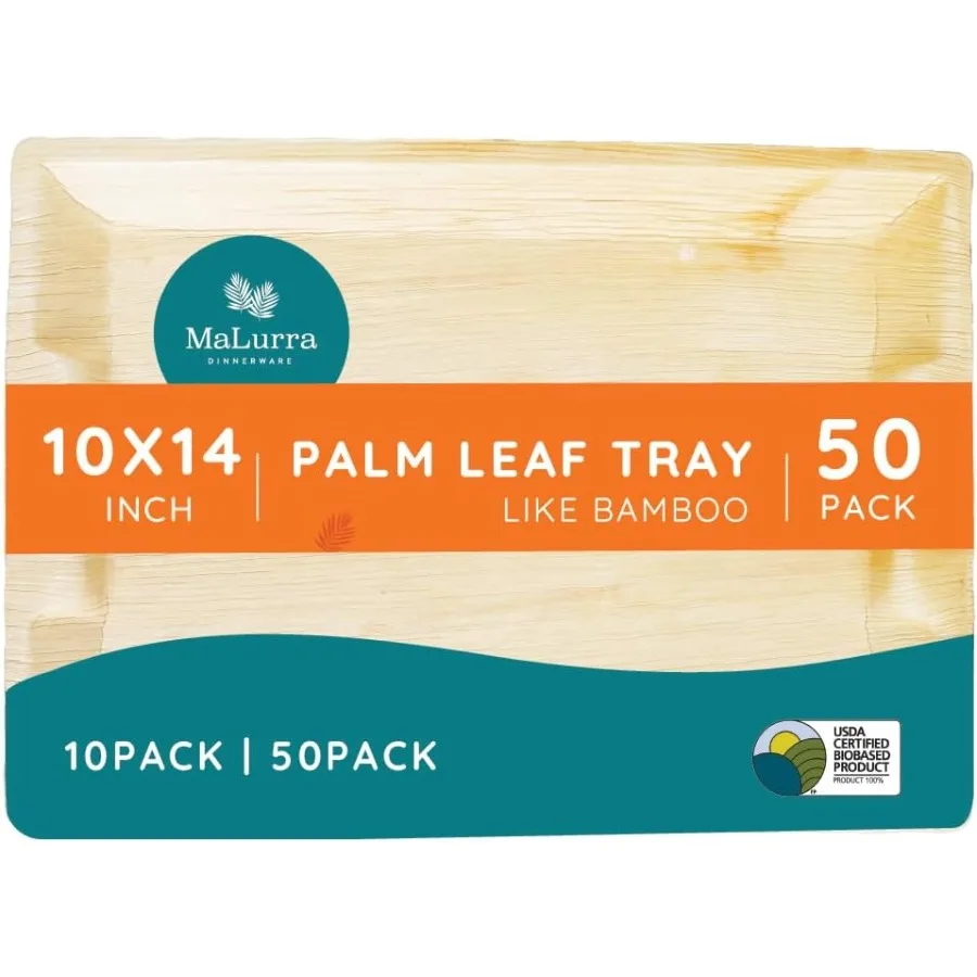 

14"x10" Rectangle Tray 50 PCs Disposable Serving Palm Platters Like Bamboo Charcuterie Tray Biodegradable Disposable EcoFriendl