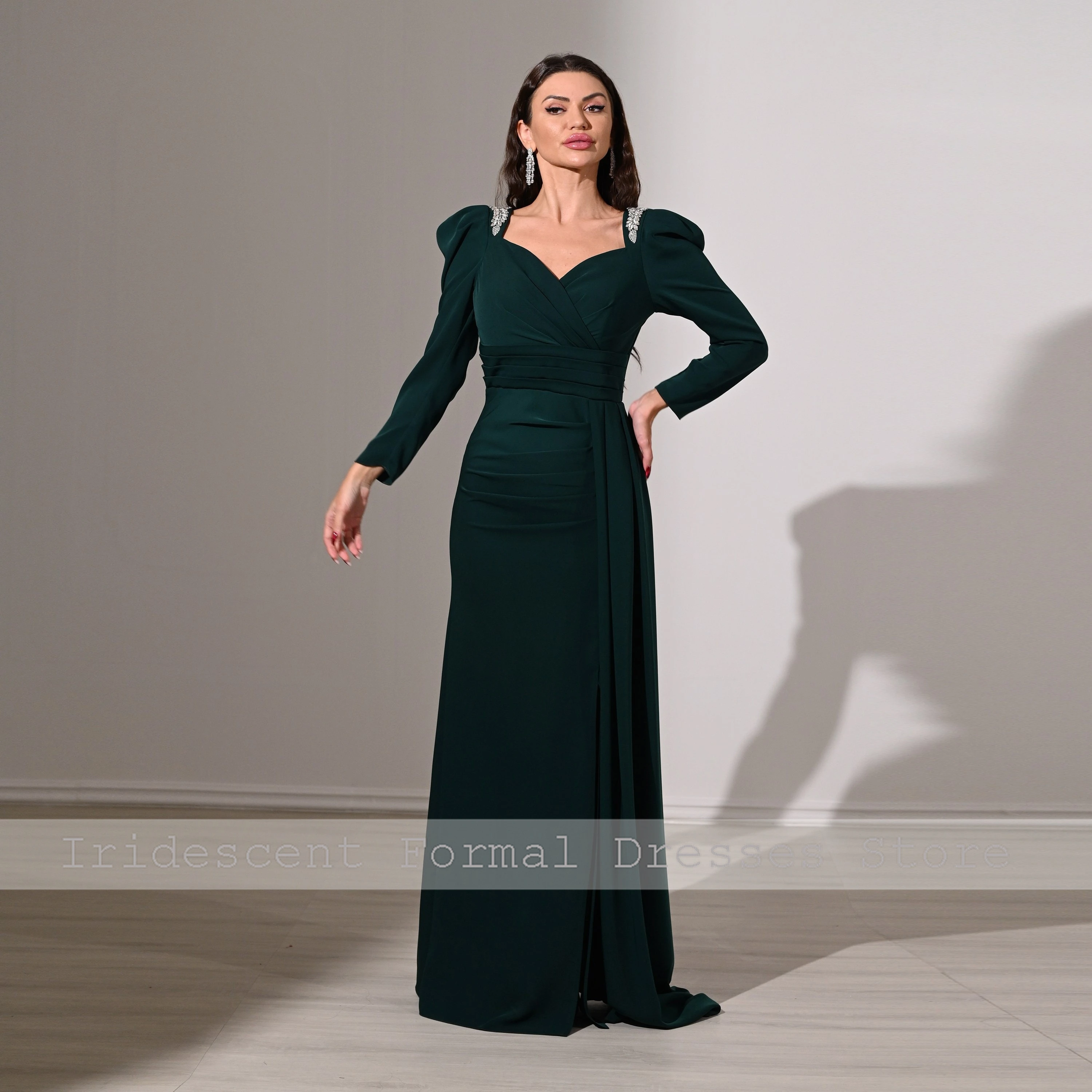 Vestidos de noite longos personalizados com fenda cristal vestido de festa de luxo feminino decote em v moderno plissado até o chão vestidos de baile