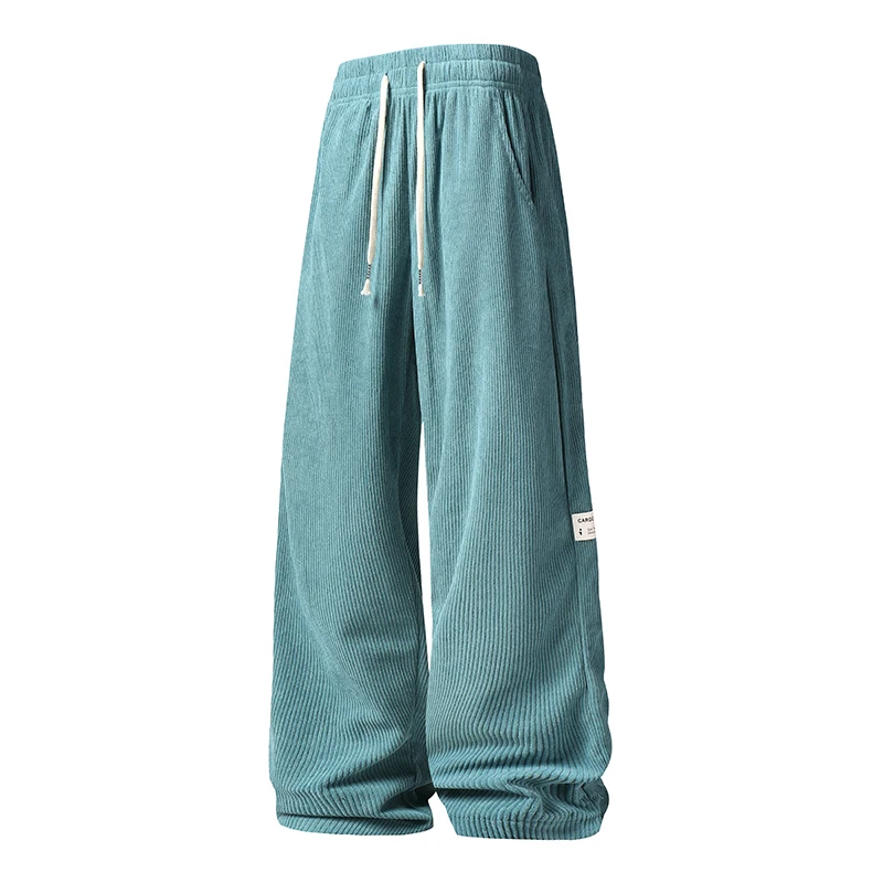 Calça masculina de veludo cotelê com perna reta com cordão na cintura, bolsos e design de logotipo – elástica, ajuste casual para uso diário, Spri