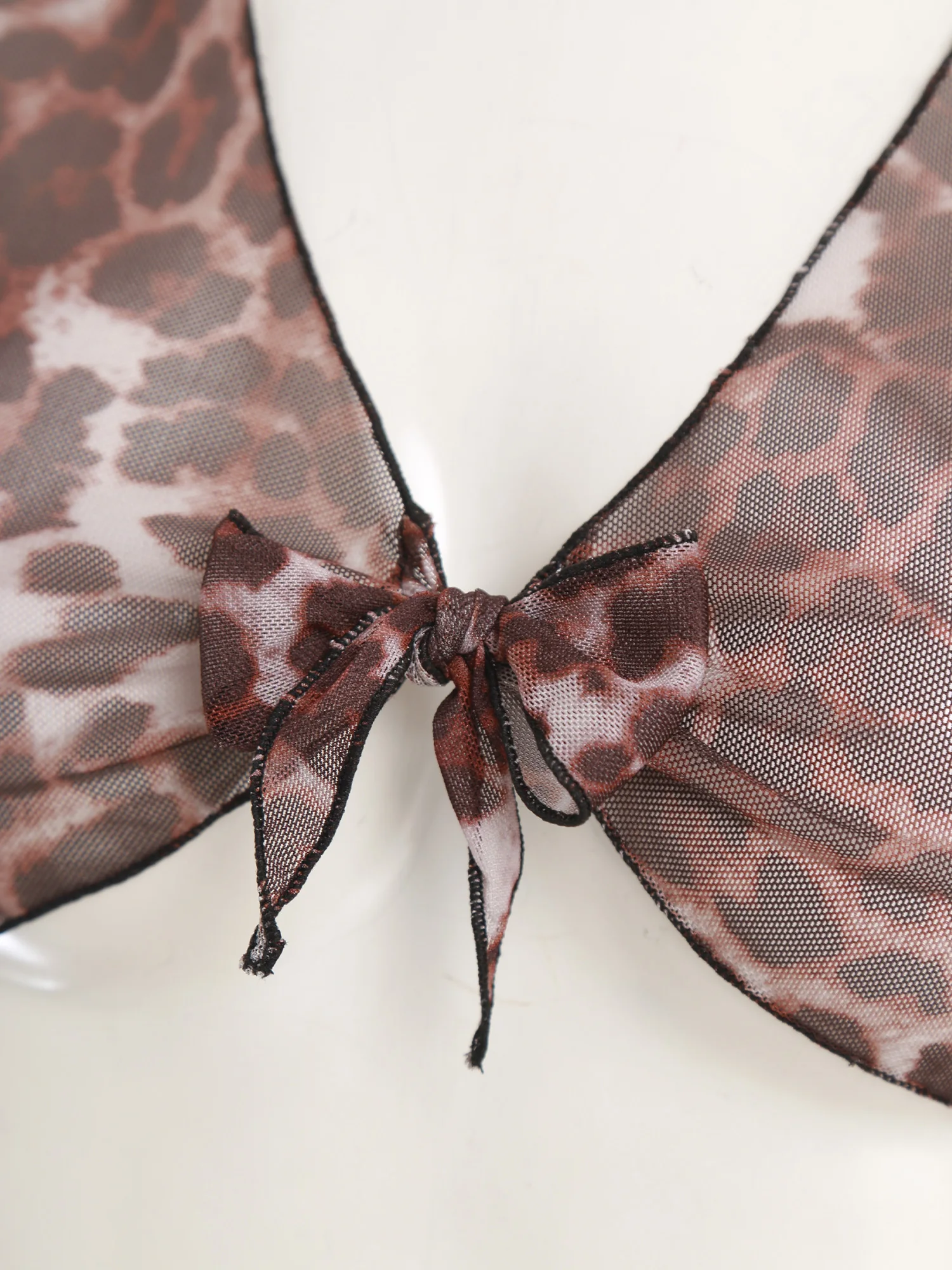 

Womens Sexy See Through Leopard Print Lingerie Outfits Sheer Mesh Front Tie Knot Crop Top with Mini Skirt and T-back Thongs