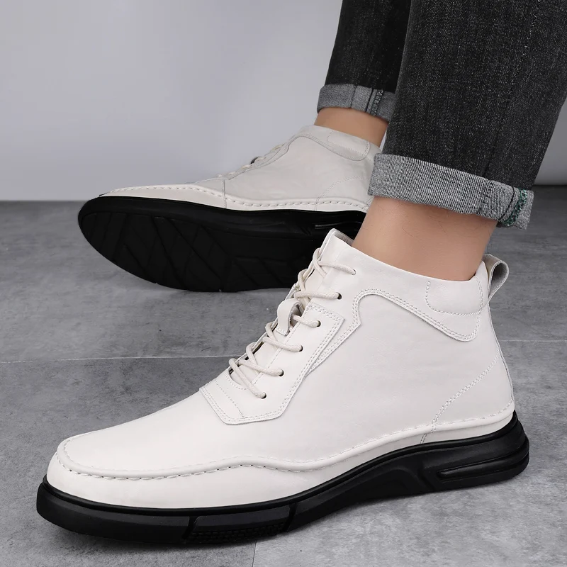 

Модные высокие мужские повседневные кожаные ботинки, зимние плюшевые теплые уличные прогулочные ботинки, брендовые деловые удобные кожаные ботинки