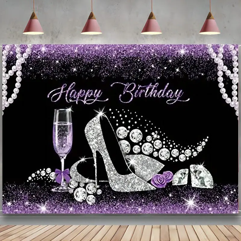 Luxurious Silver Glitter Heels Women Lady Birthday Backdrop Purple Stars Pearl Necklaces Champagne Diamons 50 Background Banner