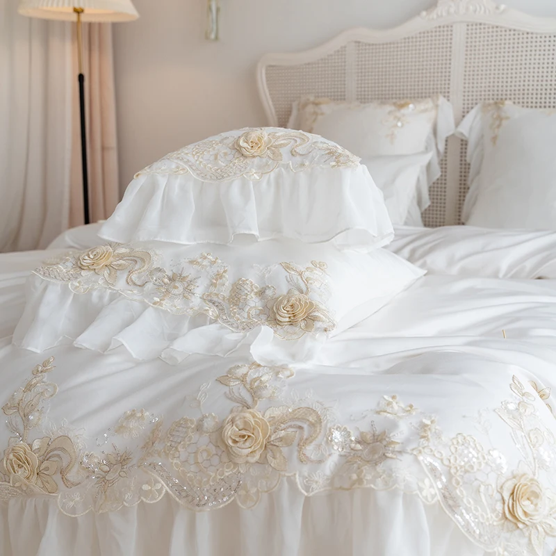 White Lace Embroidery Princess Bedding Set Luxury High End France Style Egyptian Cotton Duvet Cover Sets Bed Sheet Pillowcases