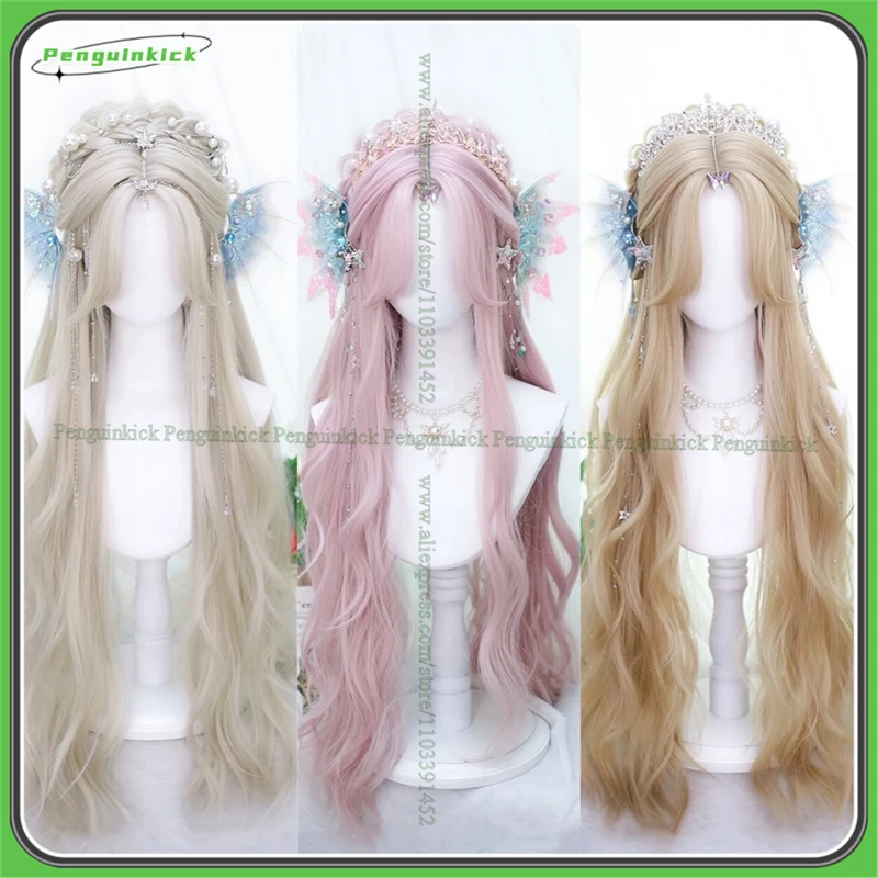 

85cm Long Wavy Synthetic Wig Princess Lolita Party Chic Girls Heat Resistant Hair Blonde Golden Pink Curly Middle Part Bangs