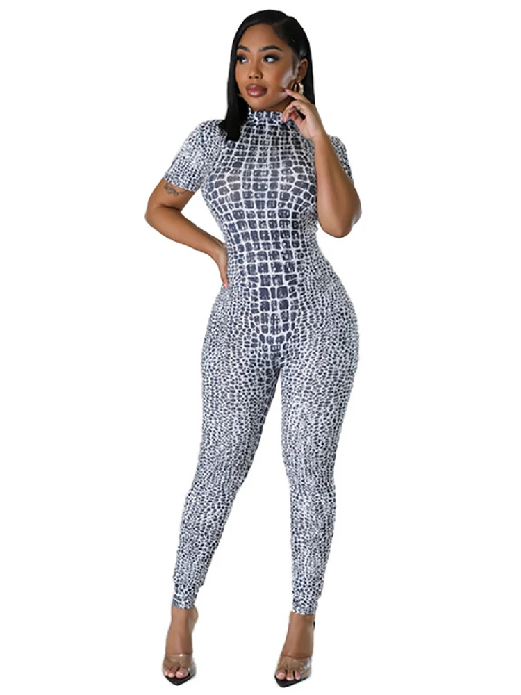 Printed Jumpsuit New Tight And Sexy Short Sleeved High Necked Casual And Sexy Fashion Women\'s Jumpsuit Long Pants