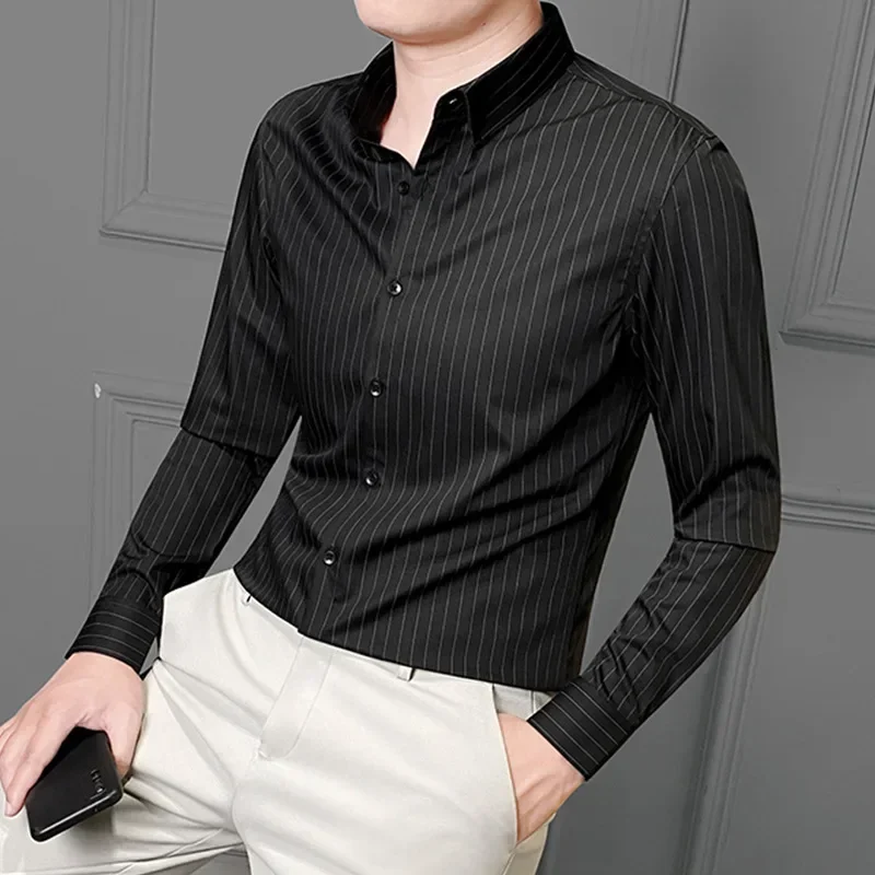 Men Shirt Long Sleeve 2024 Spring Summer Casual Shirt Striped Male Social Business Dress Shirt Slim Fit Fashion Wear