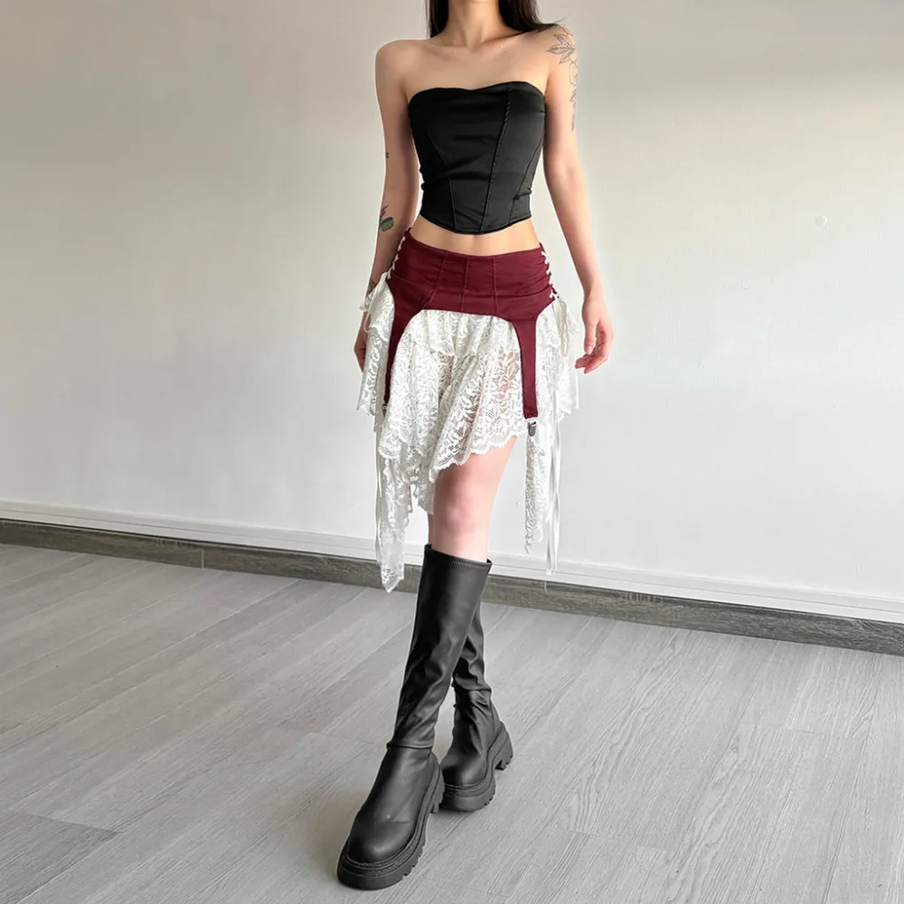 SylCue Contrast Patchwork Skirts Women High Waist Irregular Mesh Ribbon Street Fashion Sweet Style Elegant Skinny Mini Bottoms
