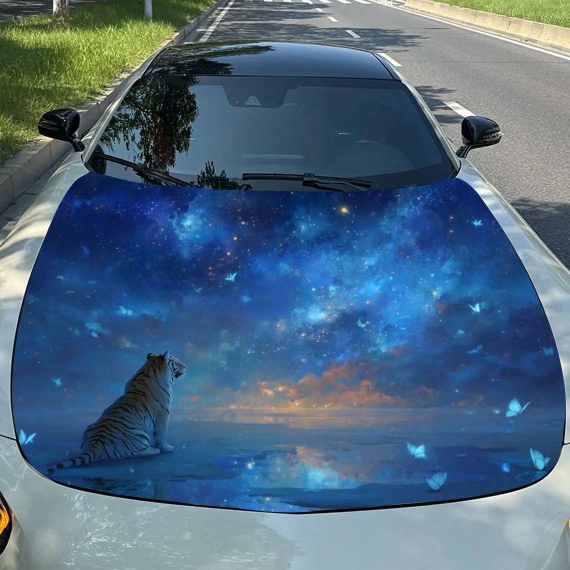 Наклейки на капот автомобиля Dreamy Starry Sky Tiger — водонепроницаемые самоклеящиеся виниловые наклейки, прочная защита для внешних аксессуаров автомобиля