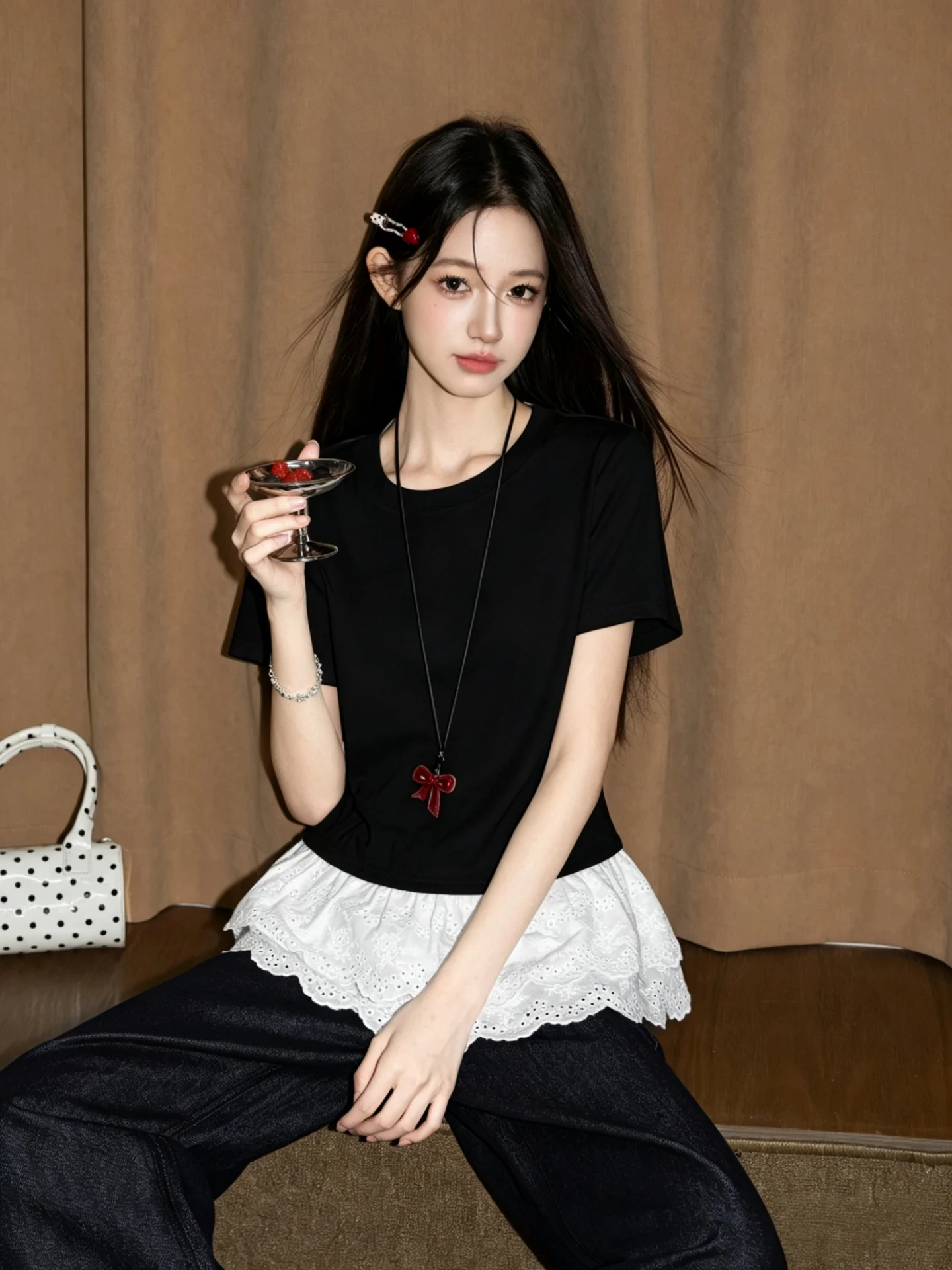 Summer New Women's round Neck Short Sleeve T-shirt 95 Cotton Lace Hem Slim Fit Shoulder Top Comfortable Breathable Casual Wear