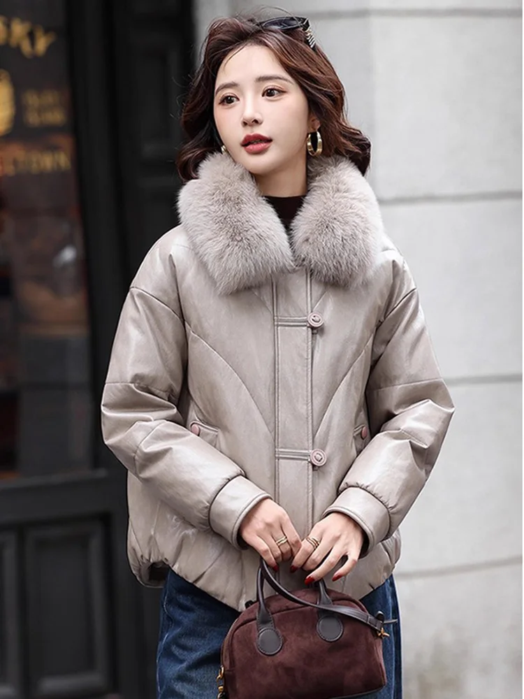 Neue Frauen Fuchs Pelz Kragen Split Leder Unten Jacke Winter Mode drehen-unten Kragen Lose Taille Kurze Unten Mantel lässig Warme Mantel