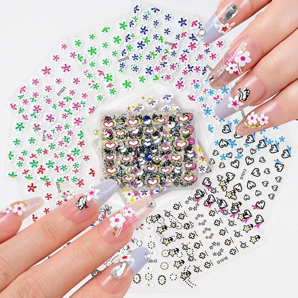 カラフルな5つの花びらの花のネイルステッカー,宝石,かわいいハート,星,蝶,粘着性のスライダー,花,日曜大工のマニキュアステッカー,30個