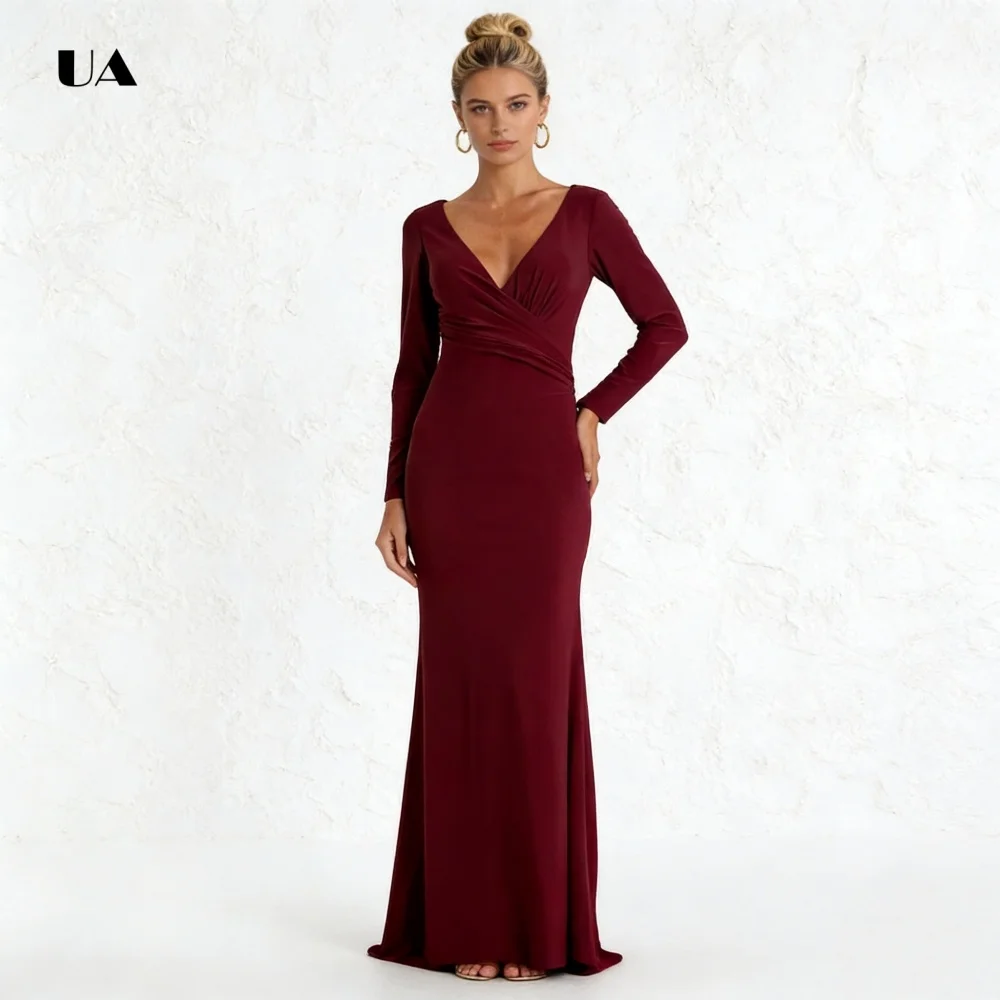 ULBYANRY ストレートプロムドレス 長袖 ソリッドディープ V ネック イブニングドレス 女性用 エレガント プリーツ カスタマイズされたパーティードレス