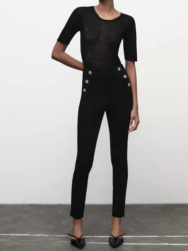 

2024 Autumn and Winter New Fashion Women's Jewelry-Breasted Casual and Versatile Mid-Waist Leggings