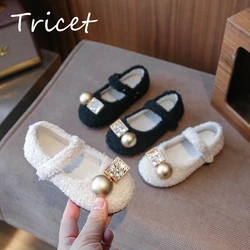 Fashion Rhinestones Children Flats Shoes Autumn Winter Warm Short Plush Girls Princess Shoes Hook Loop Toddler Kids Mary Janes