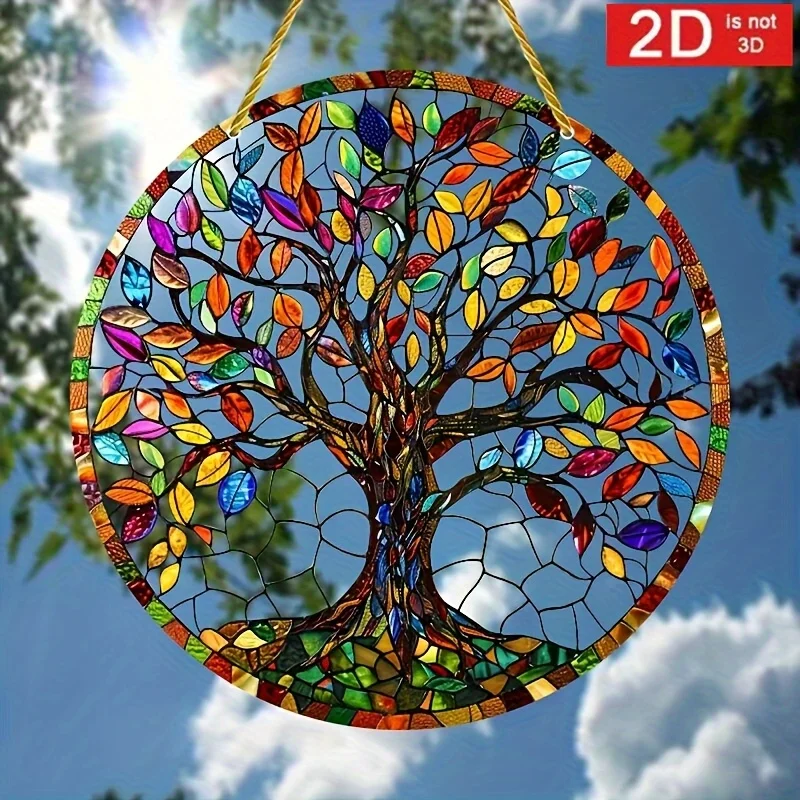 2D Flat, 2D Tree of Life Sun Catcher, Colorful Glass Yard Sign, Round Wreath Sign 5.9