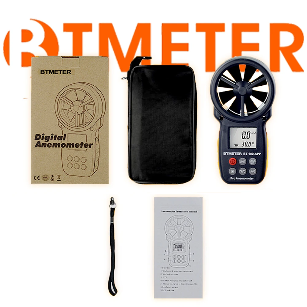 BTMETER BT-100 déterminer l\'anémomètre numérique, 0-30 mètres de vitesse du vent mumental, capteur de vitesse du vent pour UAV, refroidissement du