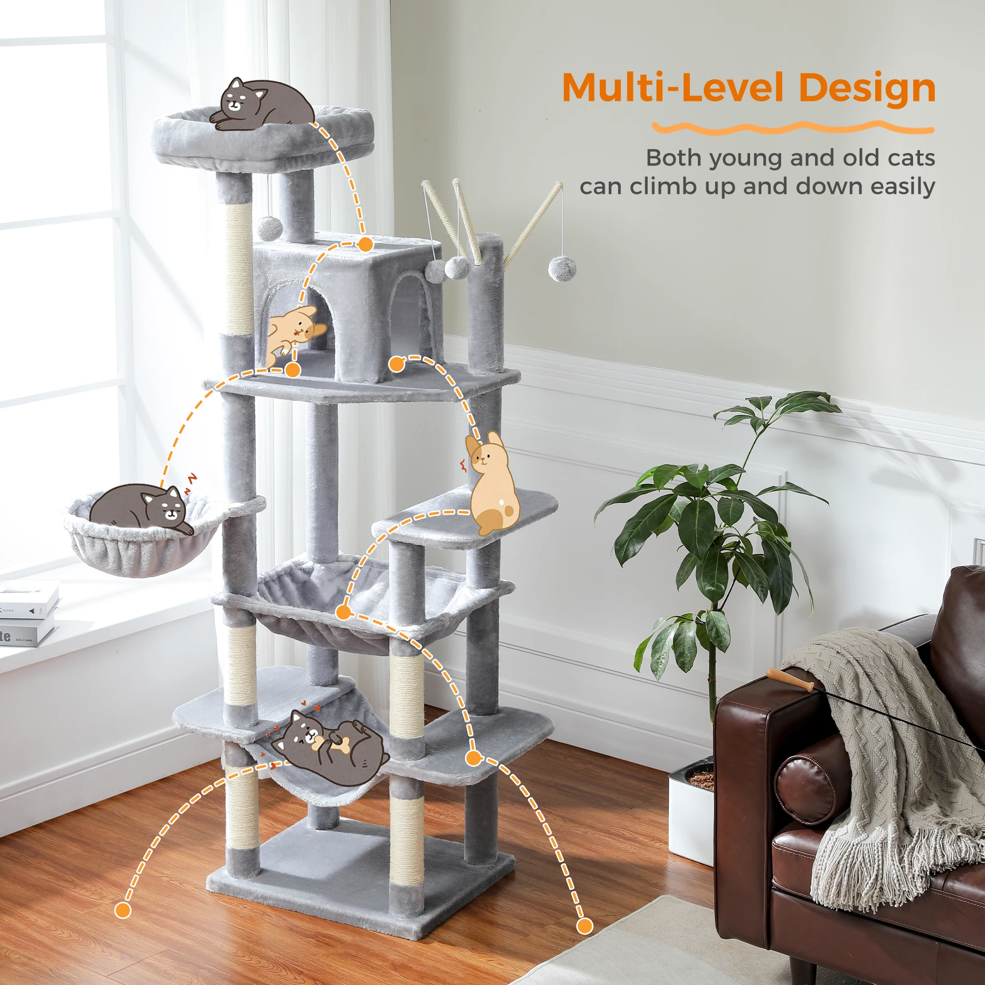 Large Multi-Level Cat Tree Tower with Scratching Posts, cozy Hammock, Condo House, Tall Cat Scratcher for Indoor, Pet Toys