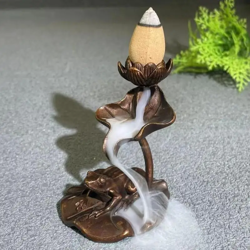 

Boutique Retro Brass Lotus Leaf Frog Reflux Fragrance Desktop Ornaments Metal Sculpture Furniture Living Room Decoration Crafts