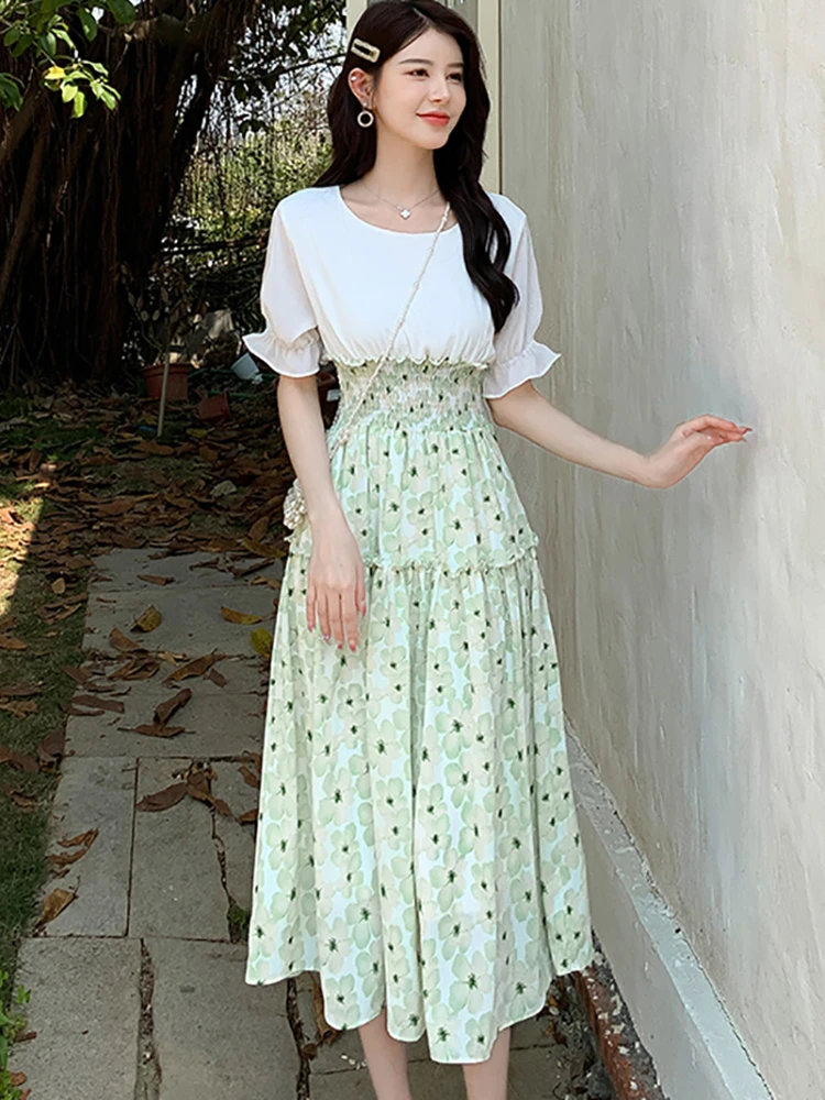 Vestido de dos piezas falso blanco de retazos de gasa Floral verde para mujer vestido elegante de verano con mangas abullonadas vestido de fiesta ajustado coreano 2025
