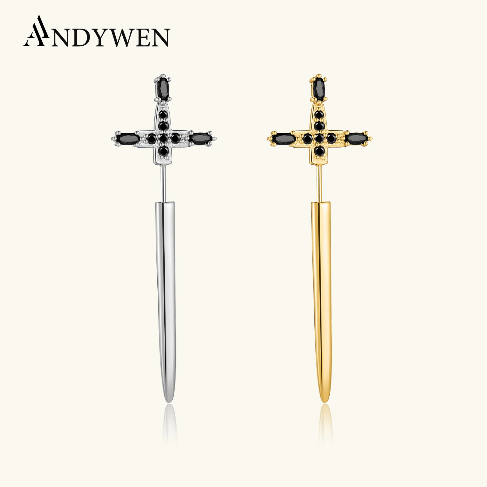 

Женские длинные серьги-гвоздики ANDYWEN, из серебра 925 пробы с черным золотом и французскими кристаллами, Роскошные ювелирные украшения 2021