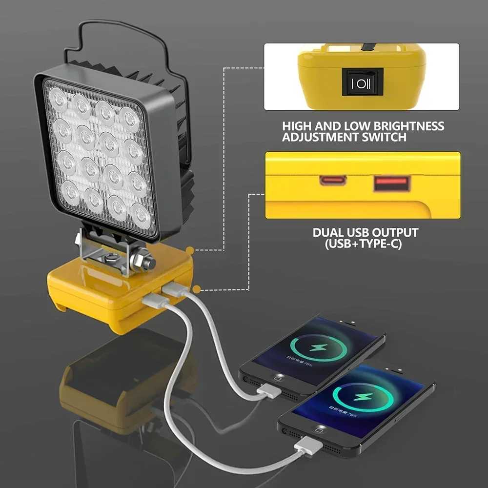 16 luces LED de trabajo linterna focos tipo C banco de energía USB para DeWalt 18V 20V batería de litio Control de haz alto y bajo