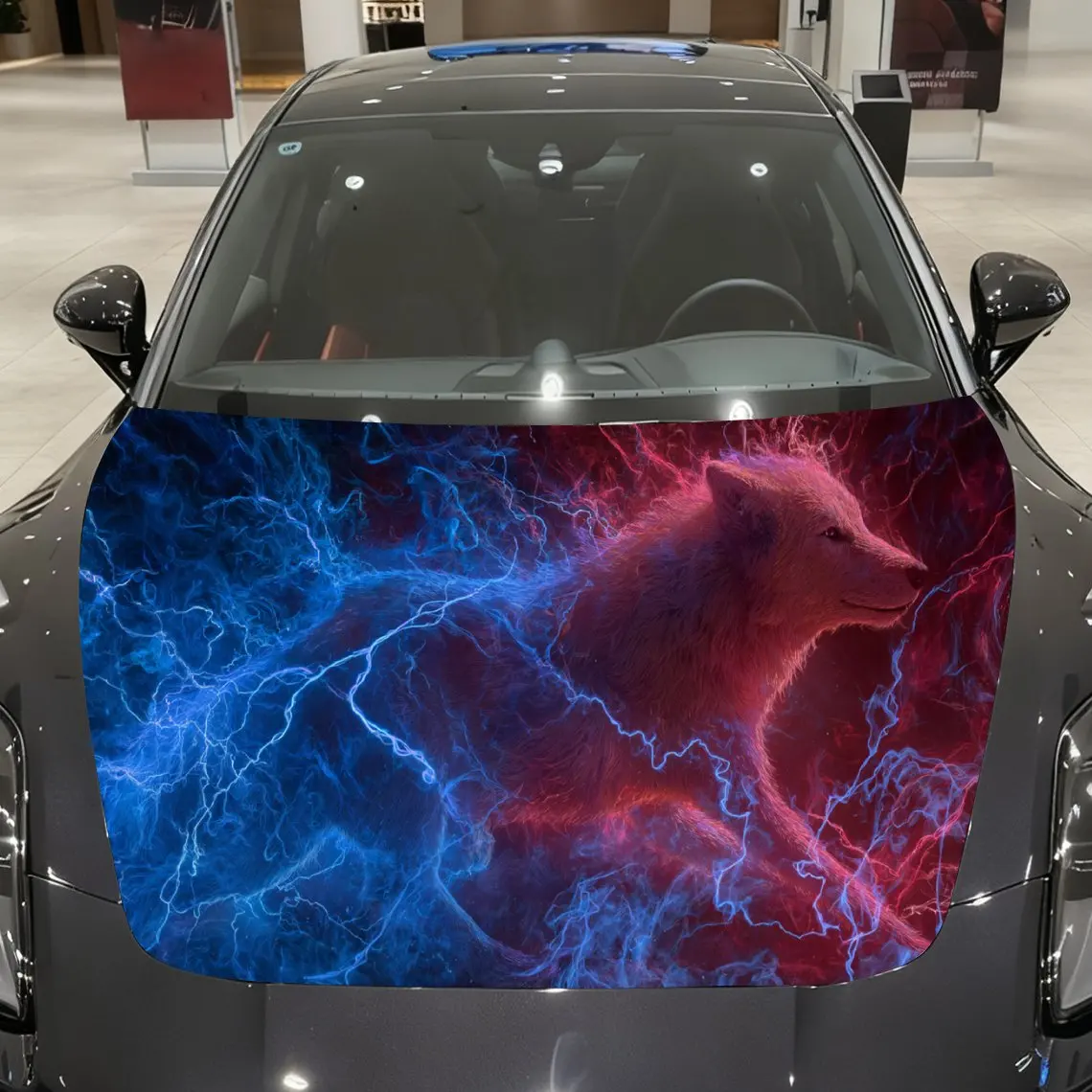 

Blue & Red Lightning Wolf Pair Auto Cover Sticker, Waterproof and Self-adhesive Auto Hood Decal, Auto Vinyl Wraps, Cool Car Exte