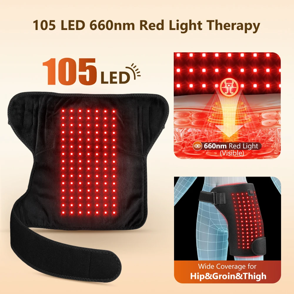 105 LED 660nm Red Light Hip Heating Pad 3 Temp Adjustable USB Heated Hip Thigh Support Brace  Belt for Hip Groin Thigh Daily Bod