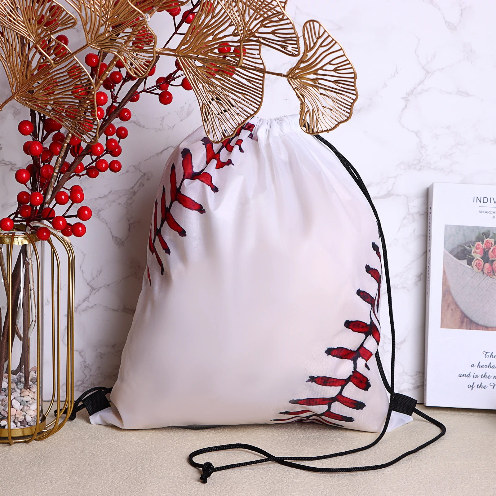 12 Pcs White Baseball Pattern Outdoor Sports Backpack Drawstring Bags Shopping Bag