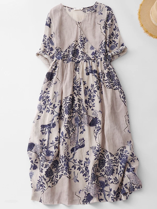 

High-End Hemp Kimono Style Dress Women's Floral Print Loose Artistic Retro Long Skirt Commute Style Casual Spring Summer